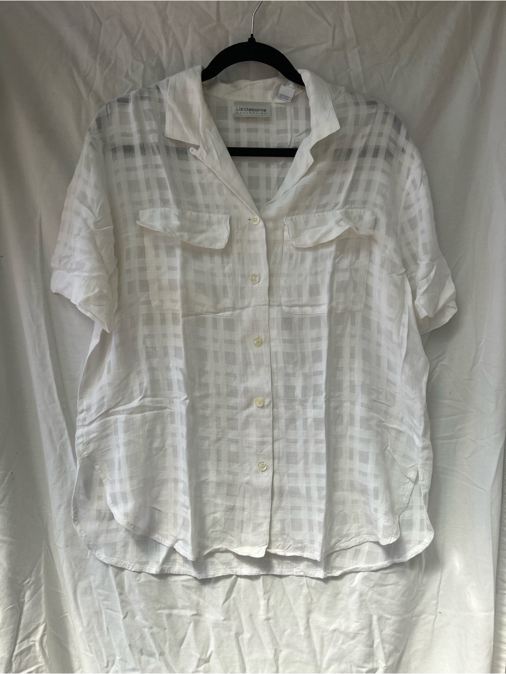 Liz Claiborne White Sheer Plaid Button-Front Short Sleeve Shirt